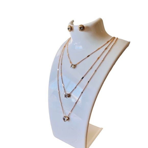 Jewelry set necklace stud earrings layered rhinestones gold tone - Picture 4 of 12